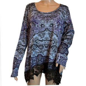 Energe Purple & Blue-gray Sweater With Lace Trim Size Large